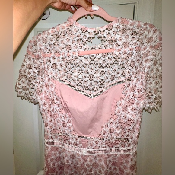 SAYLOR Lillie Lace Illusion Dress 
Illusion Neckline/Open Back 
MED 
BLUSH/IVORY - Picture 15 of 16